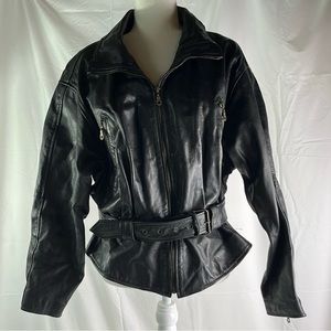 Vintage AVANTI Black Leather Moto Jacket Zip Front Belted Pockets Lined - Small